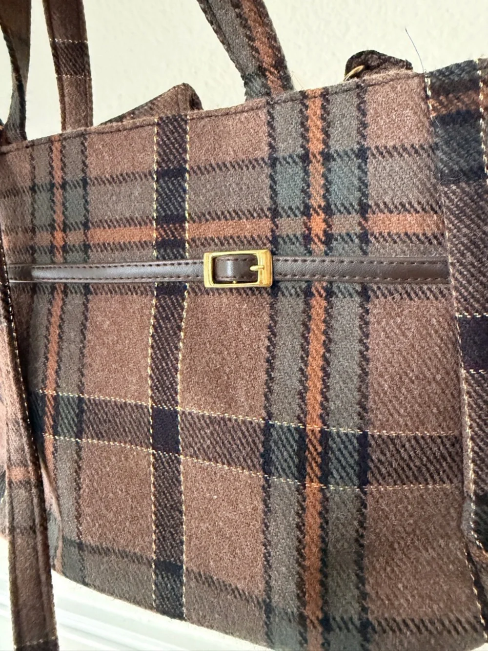 Vintage‎ Brown Plaid Mini Tote Crossbody Dark Academia Preppy Classic Bag Wool